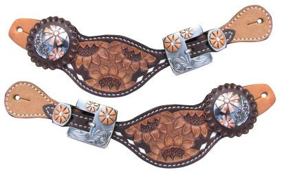 Showman Women's Dark brown leather SUNFLOWER TOOLED SPUR STRAPS w/ Engravings