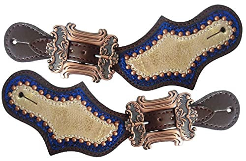 Women's Dark oil leather METALLIC GOLD & ROYAL BLUE SPUR STRAPS Engraved copper