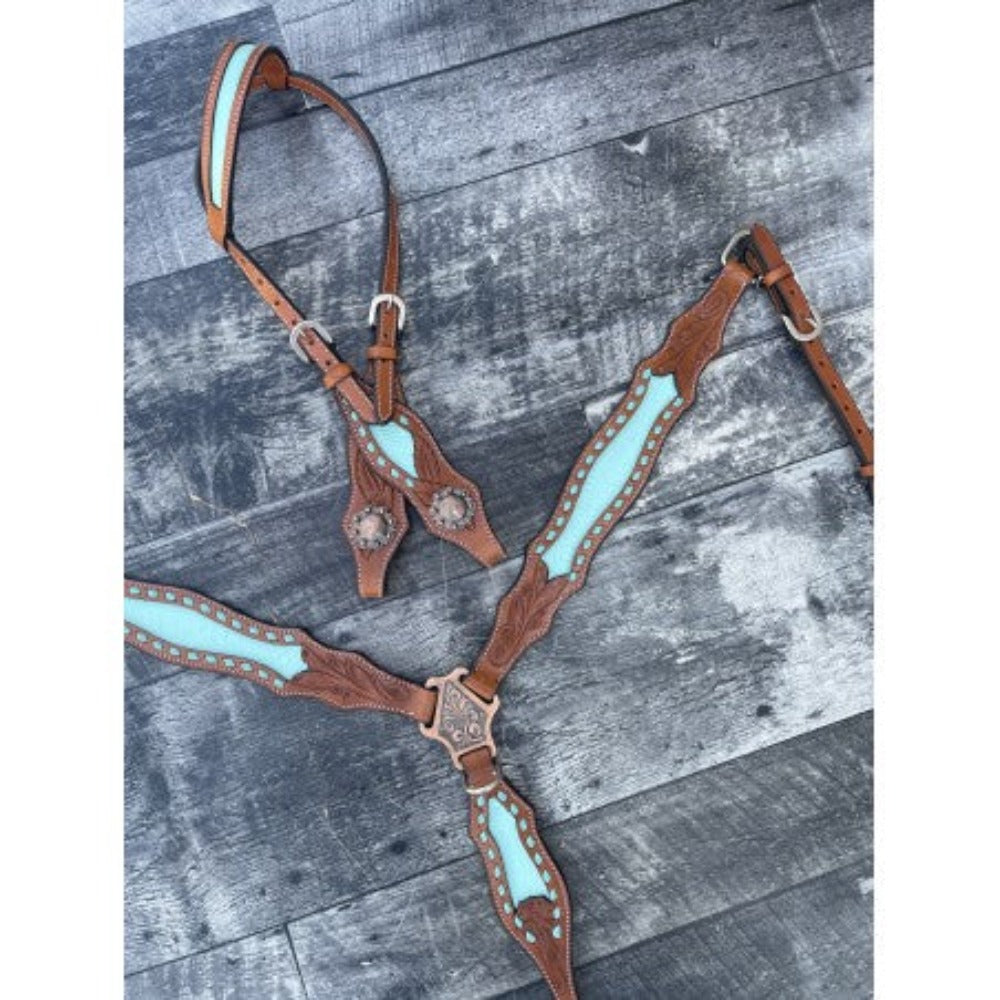 Schulz Equine Turquoise Bonanza Breast Collar & One Ear Headstall Set