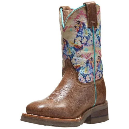 Youth girl's Roper Brown 'Horses' Print Western Cowgirl Boots