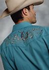 Roper Men's Solid Jade Broadcloth Western Shirt with Back Horseshoes Embroidery