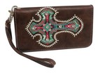 Women's Brown Faux Leather WALLET w/ EMBROIDERED CROSS Billfold Cell Phone Case