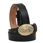 3D Belt Co.'s Black Genuine Leather Lined Basket Weave Tooled Belt with Gold &amp; Silver Horse Buckle. Size 18.&nbsp;&nbsp;