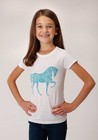 Roper Youth Girl's White Shirt with Turquoise Floral Horse Design