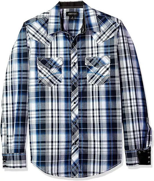 Ely Cattleman Men's Blue PLAID WESTERN SHIRT