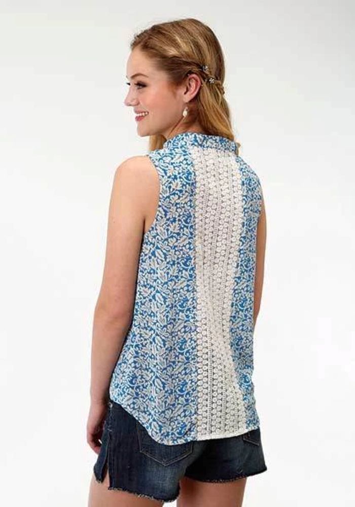 Women's Roper's Blue &amp; White Floral Chiffon Sleeveless Blouse / Shirt