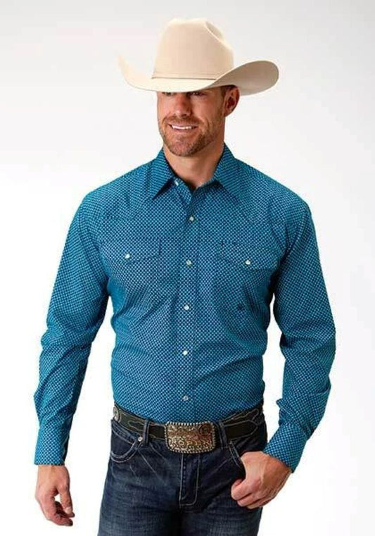 Roper Men's Turquoise & Navy DOUBLE DIAMOND PRINT WESTERN SHIRT Size  XL