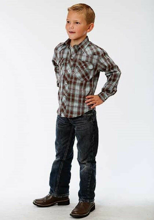 Roper Youth Boy's Brown & Turquoise Plaid Western Shirt