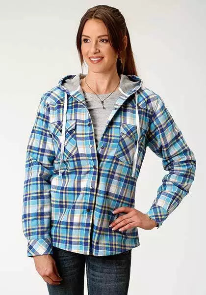 Roper Women's Black & White Flannel Lined Shirt Jacket w/ Hood