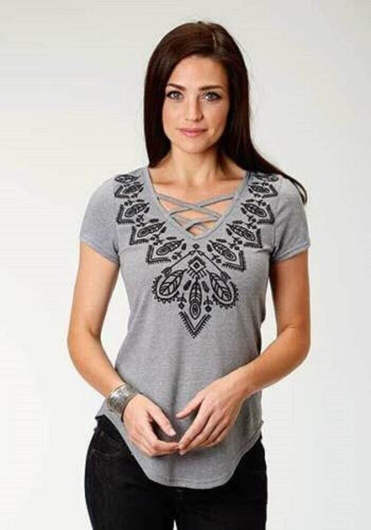 Women's Gray V-Neck Shirt w/ Embroidery