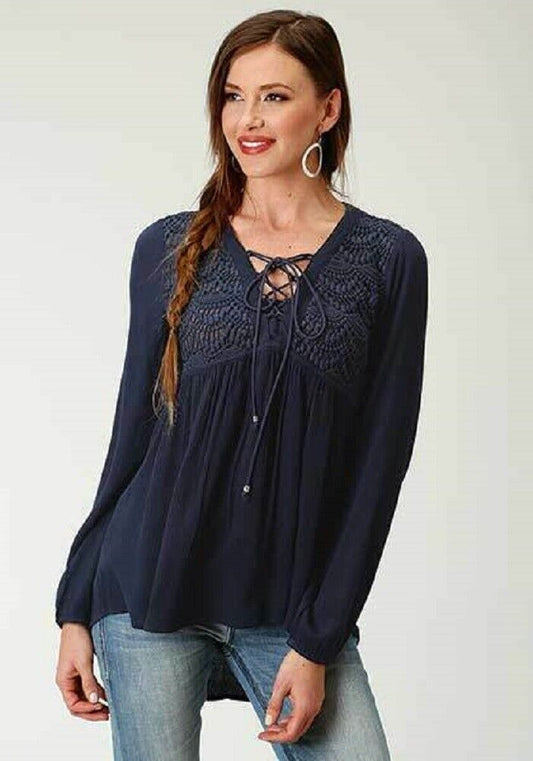 Women's Roper Dark Blue Crochet Lace Crepe Peasant Blouse Top Shirt