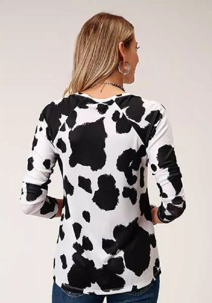 Roper Women's White & black COW PRINT V-NECK SHIRT SWEATER JERSEY