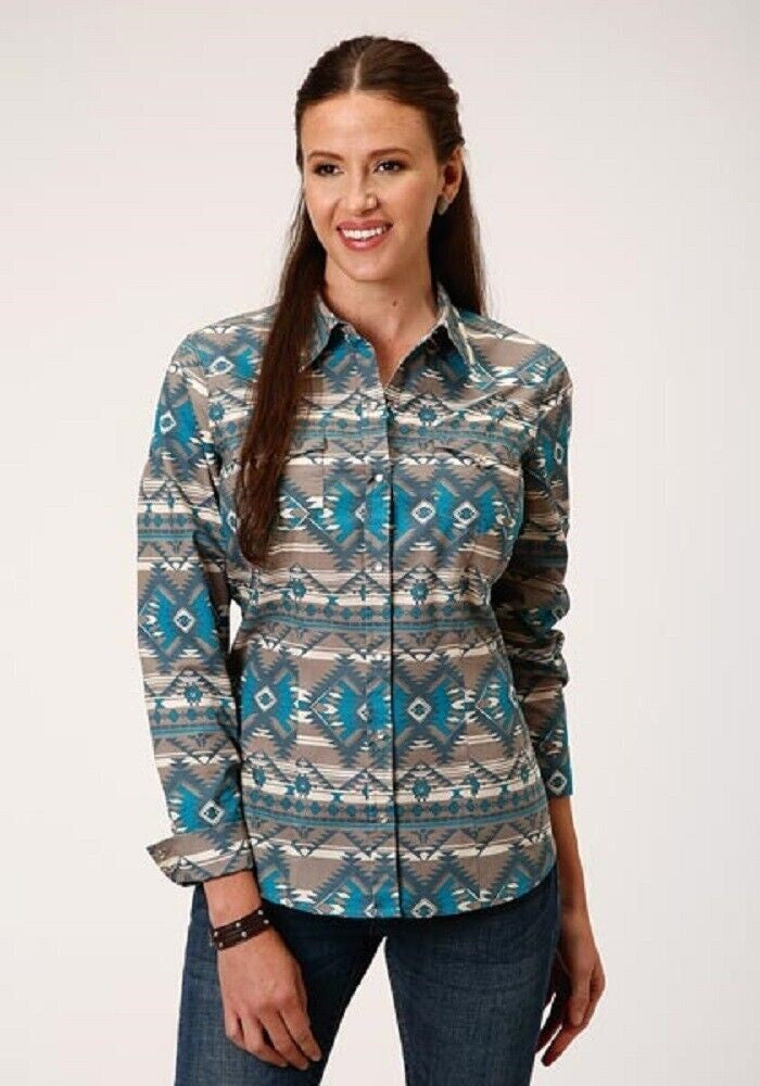 Women's Roper Khaki & blue Aztec Print Western Shirt