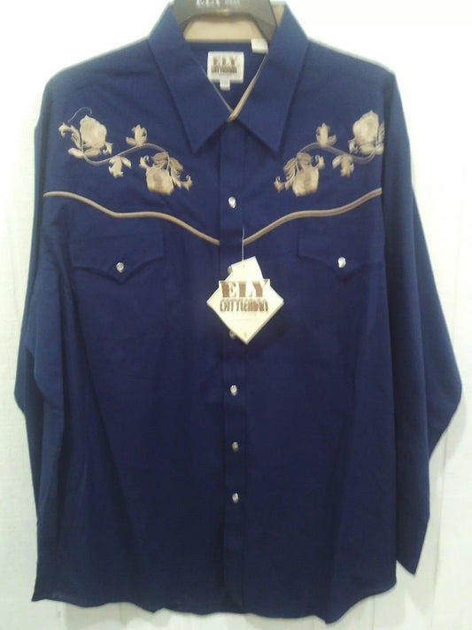 Ely Cattleman's Navy Shirt With Floral Embroidery