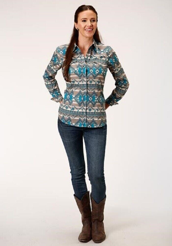 Women's Roper Khaki & blue Aztec Print Western Shirt