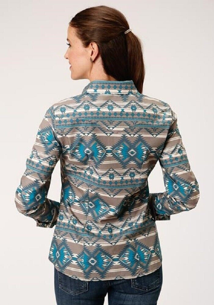 Women's Roper Khaki & blue Aztec Print Western Shirt