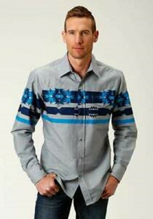 Men's Roper Gray Blue Aztec Border Print Western Shirt