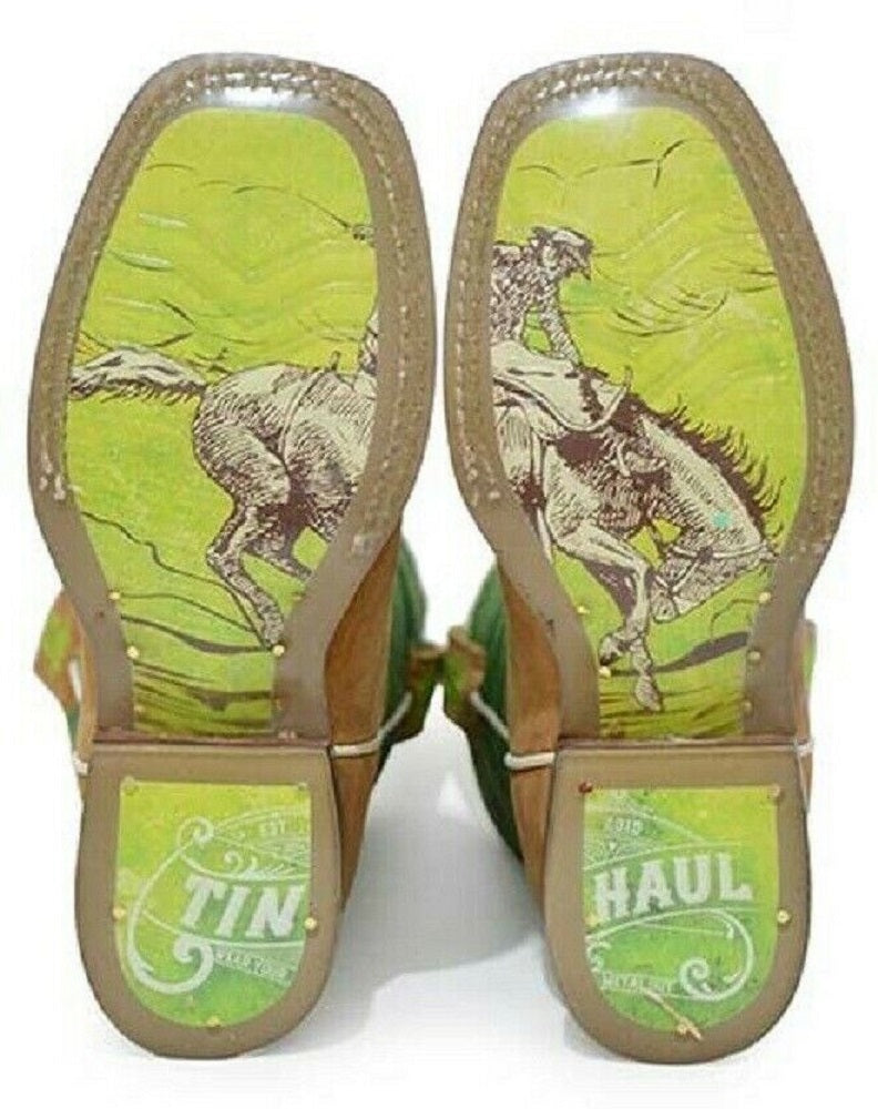 Youth Big Kids Tin Haul Tan & green Cowboy Boots w/ Bronc sole