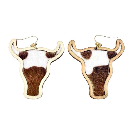 Women's Brown white STEER WOODEN DANGLE EARRINGS