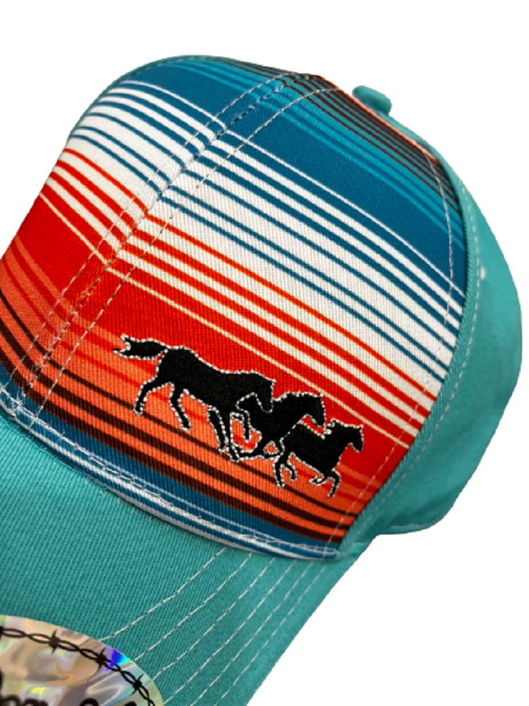 Women's Cowgirl Hardware Turquoise RUNNING HORSES SERAPE HAT CAP w/ Snapback