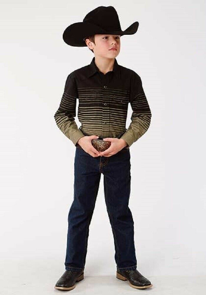 Roper Boy's Black & Khaki Border Stripe Snap Up Western Shirt
