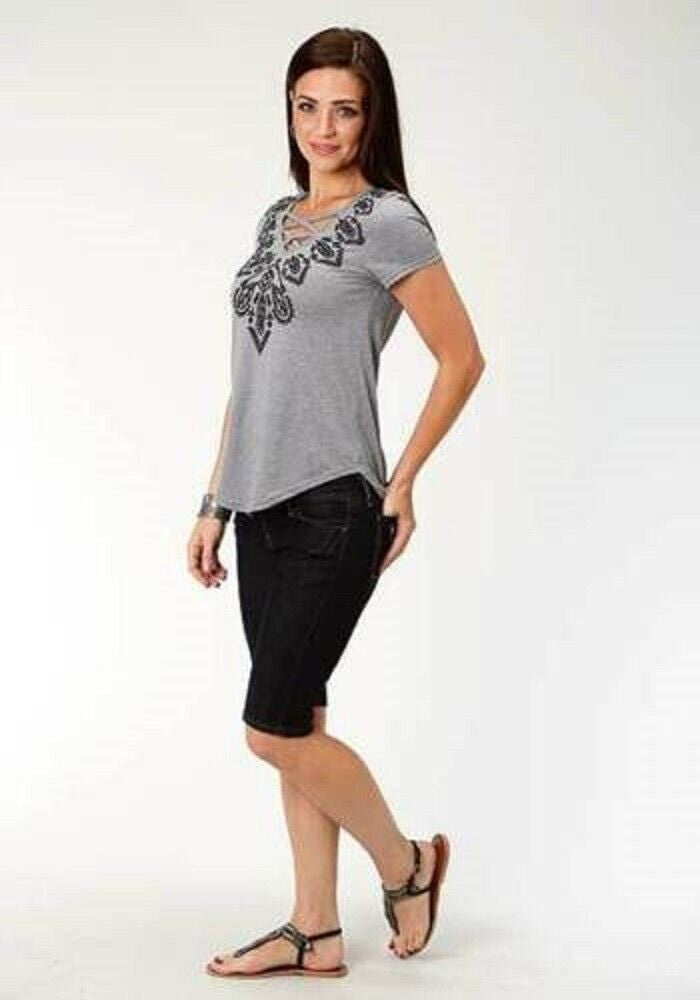 Women's Gray V-Neck Shirt w/ Embroidery