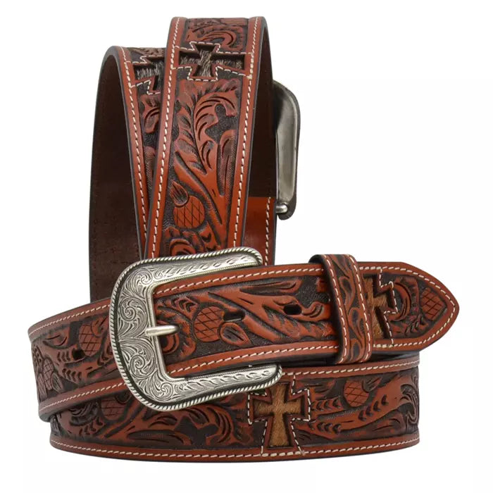 3D Belt Co. Men's BROWN LEATHER BELT w/ CROSS CUT-OUT Hair on inlay