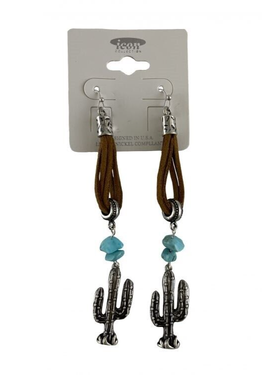 Western CACTUS DANGLE EARRINGS on Leather w/ Turquoise stones