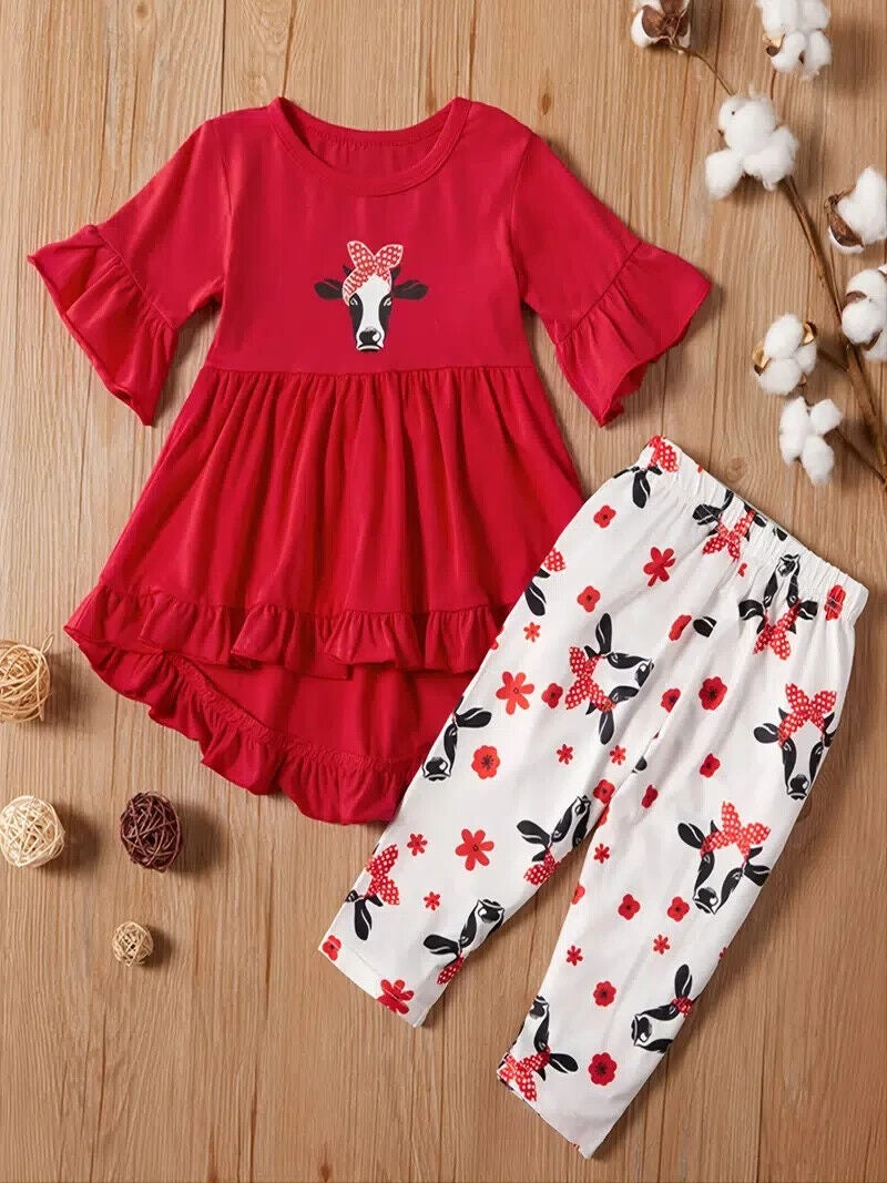 Toddler girl's Red COW FACE SHIRT WAVE DRESS w/ MATCHING PANTS