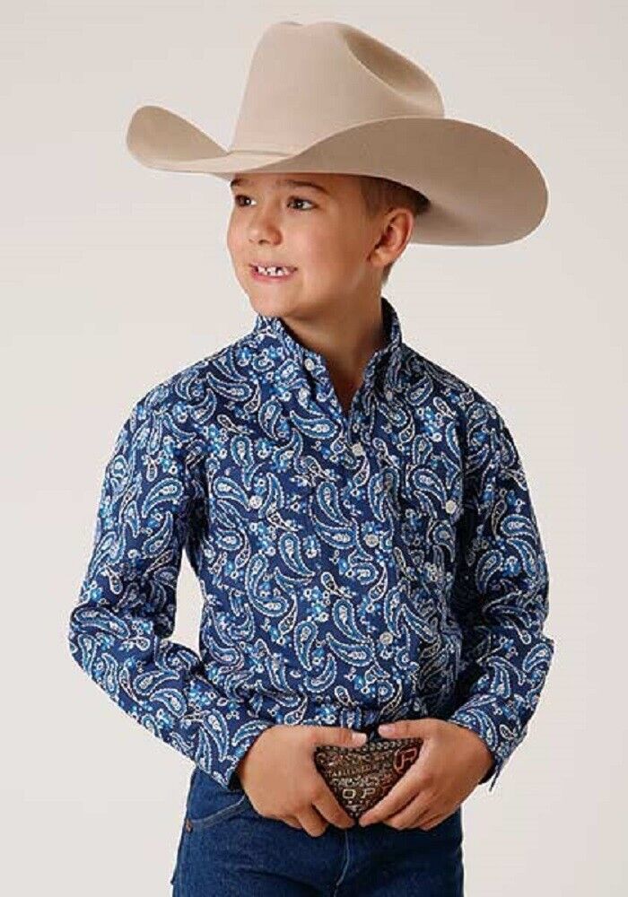 Roper Boys' Indigo Paisley Print Long Sleeve Button-Down Western Shirt