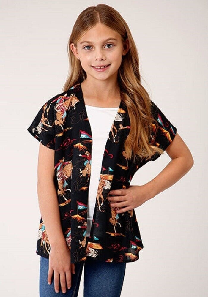 Girl's Roper Black Retro Rodeo Print Cardigan Shirt