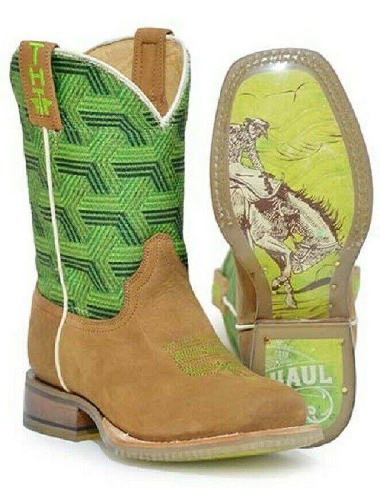 Youth Big Kids Tin Haul Tan & green Cowboy Boots w/ Bronc sole