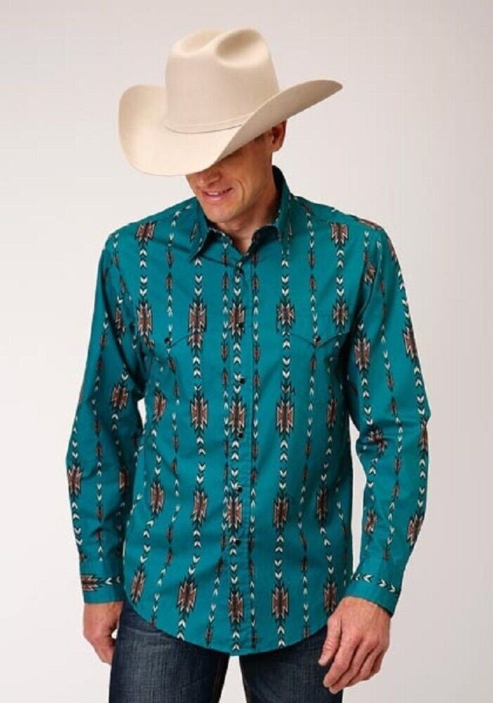 Roper Men's Teal Aztec Arrow Print Western Shirt