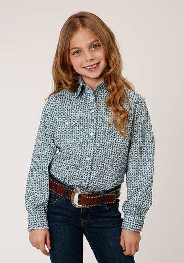 Roper Youth Girl's Turquoise White Ice Crystal Snap Up Western Shirt