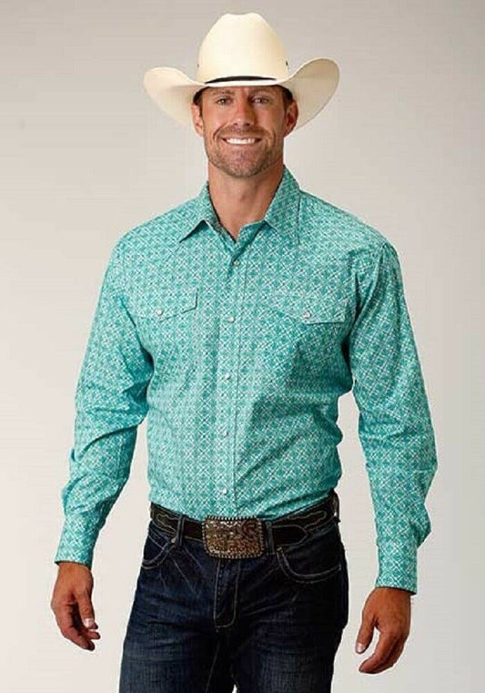 Men's Roper Turquoise & white Lattice Medallion Western Shirt