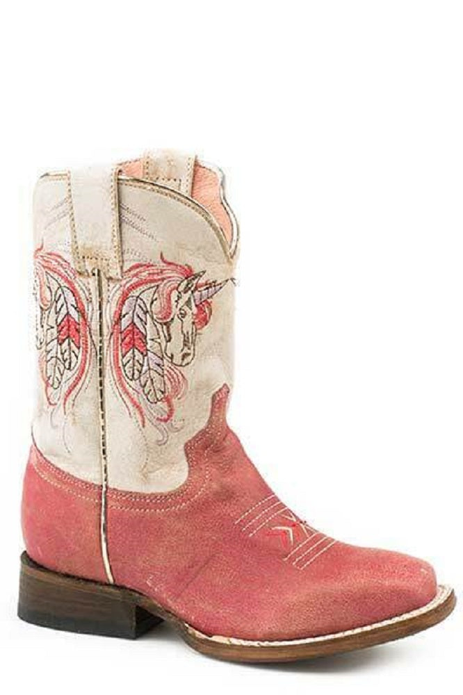 Roper Girls Children Cream & Pink 'Unicorn' Cowboy Boots