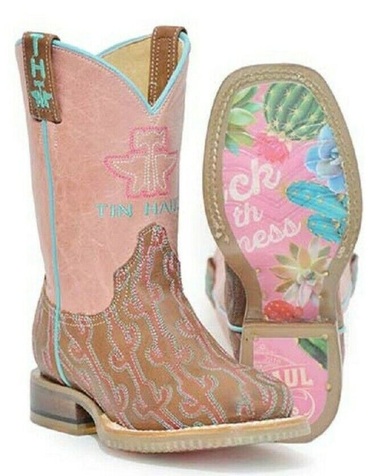 Girl's Tin Haul Pink Cowboy Boots w/ Cactus stitching