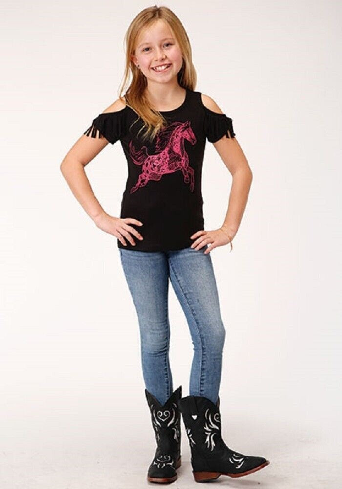 Girl's Roper Black Pink Horse Cold Shoulder Shirt