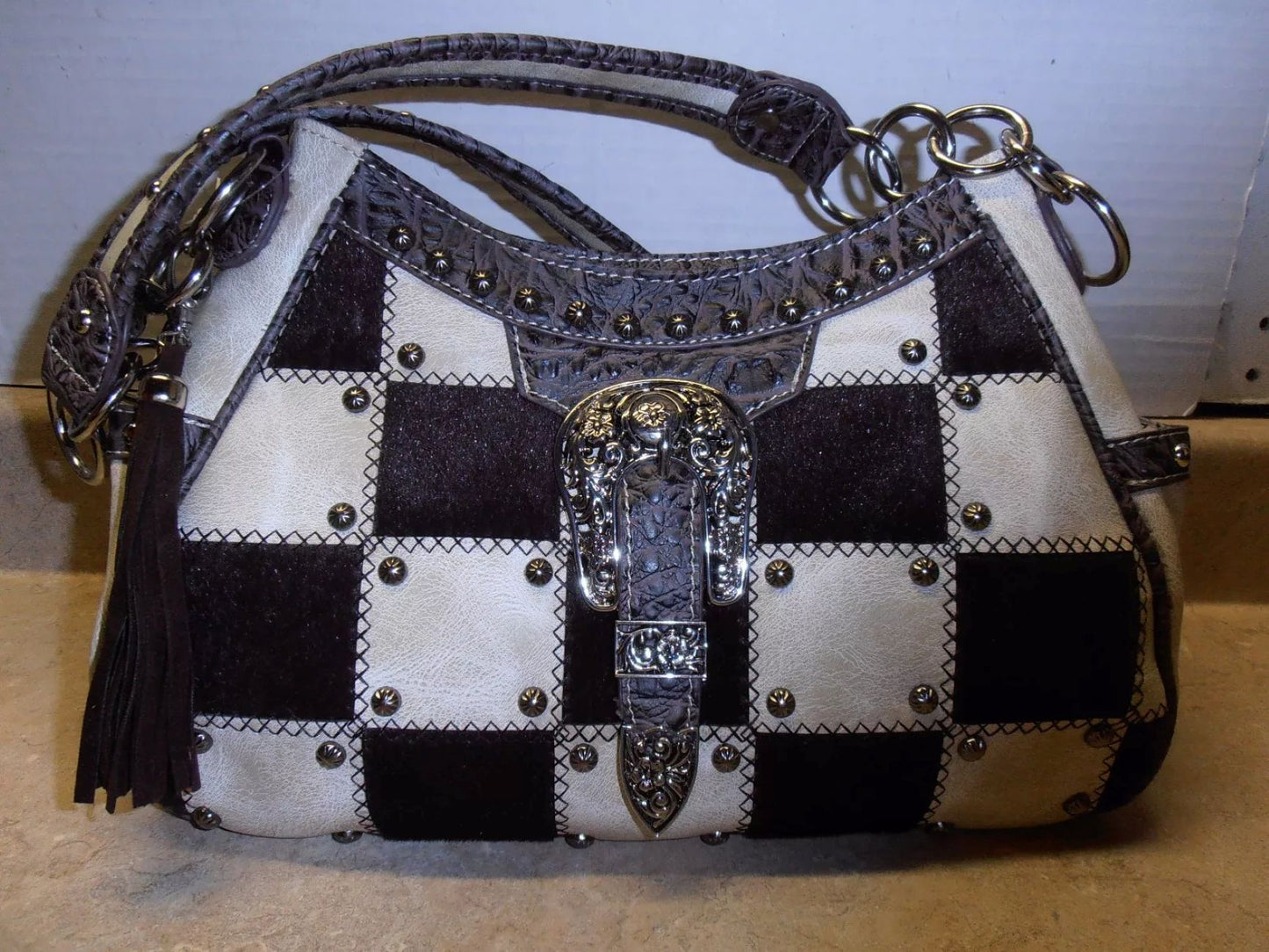 Ivory & Brown checkered LARGE CONCEAL CARRY PURSE Cowhide Handbag SALE!!!