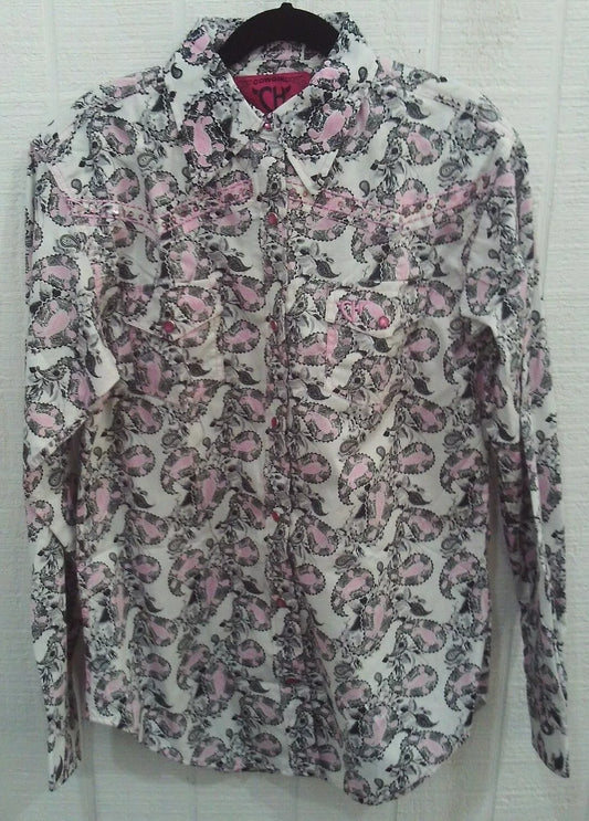 Girl's Cowgirl Hardware Paisley Print LS Pink & Black Western Shirt