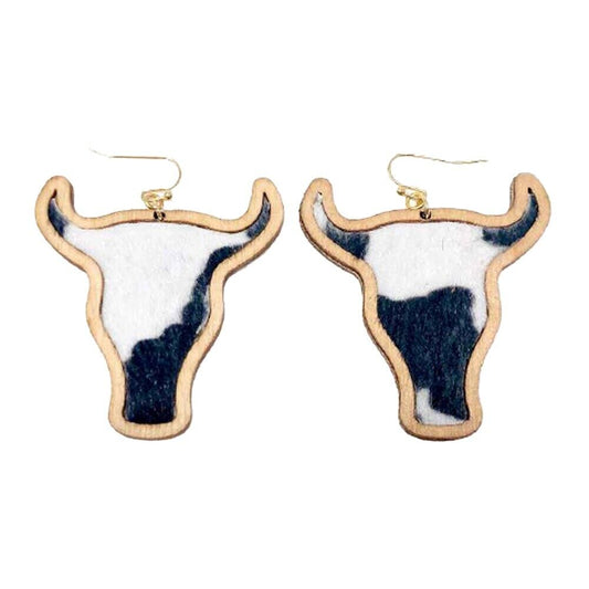 Black White Steer Cow Wooden Dangle Eearrings