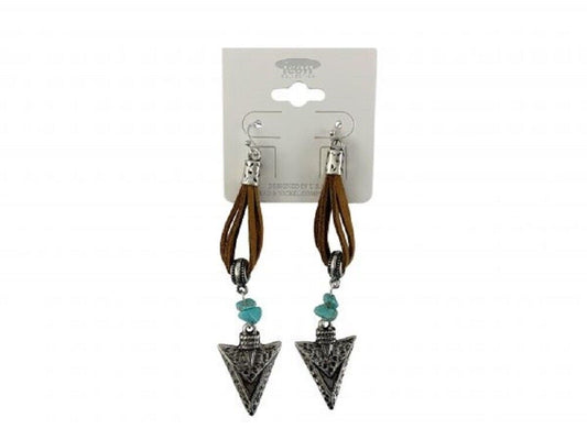 SILVER ARROWHEAD LEATHER DANGLE EARRINGS w/ Turquoise accents