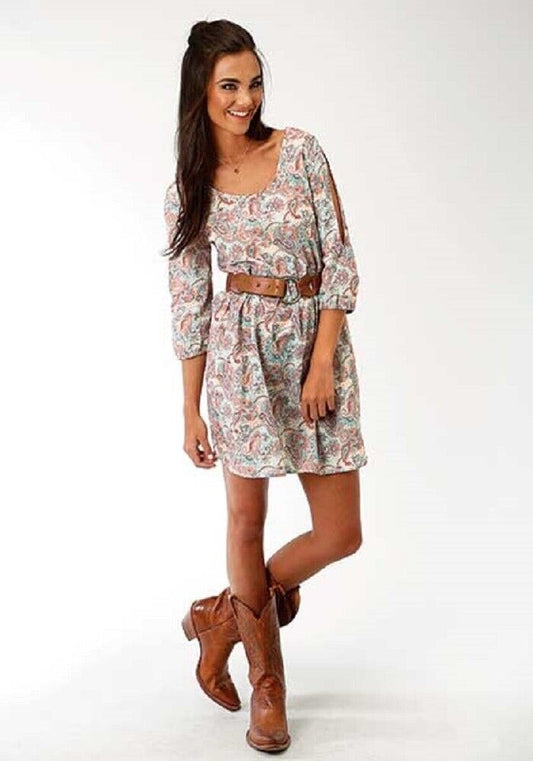 Women's Roper Coral Pink Turquoise Paisley Flowy Dress