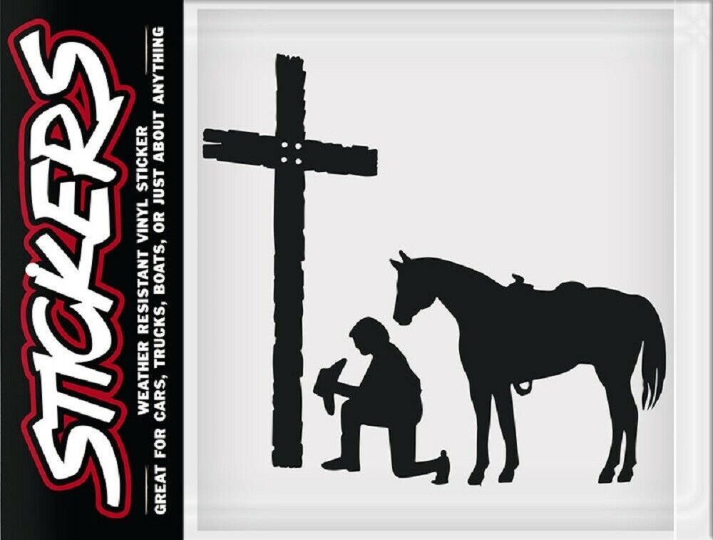 PRAYING COWBOY VINYL STICKER w/ Cowboy horse cross