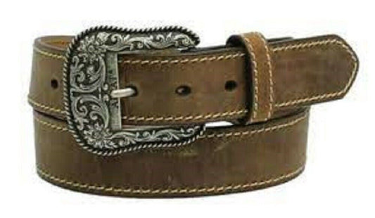 Women's Ariat HEAVY STITCHED BROWN LEATHER BELT Floral Buckle