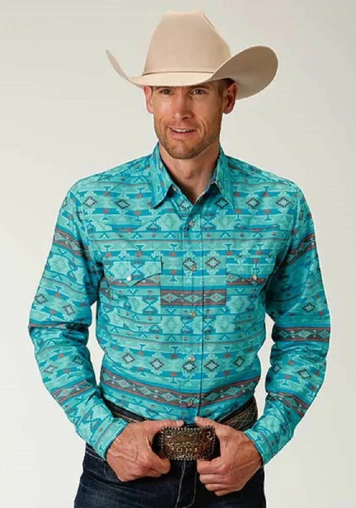 Men's Roper Blue Aztec Print Western Shirt w/ Snaps