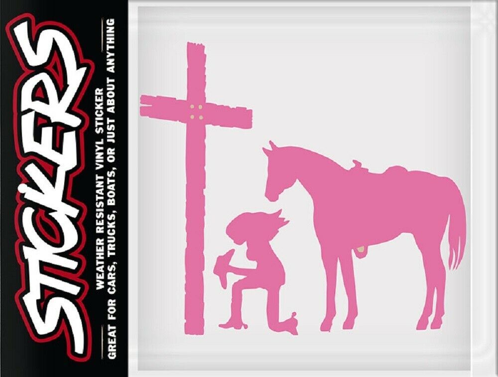 Pink PRAYING COWGIRL VINYL STICKER w/ Horse cross