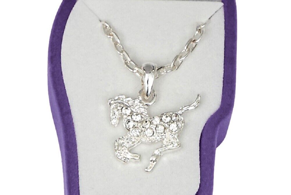 Silver colored CLEAR RHINESTONE GALLOPING PONY NECKLACE