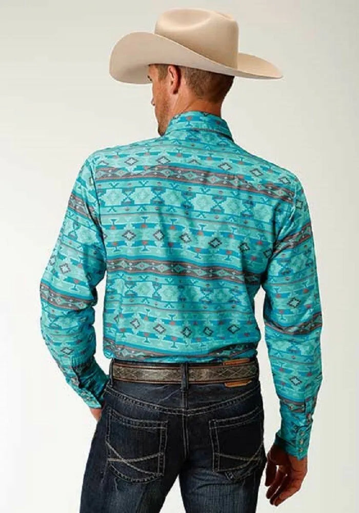 Men's Roper Blue Aztec Print Western Shirt w/ Snaps