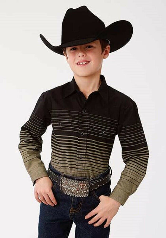 Roper Boy's Black & Khaki Border Stripe Snap Up Western Shirt